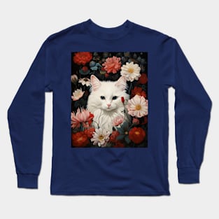 Feline Garden Delight: Retro Vintage Fluffy White Cat surrounded in Flowers Long Sleeve T-Shirt